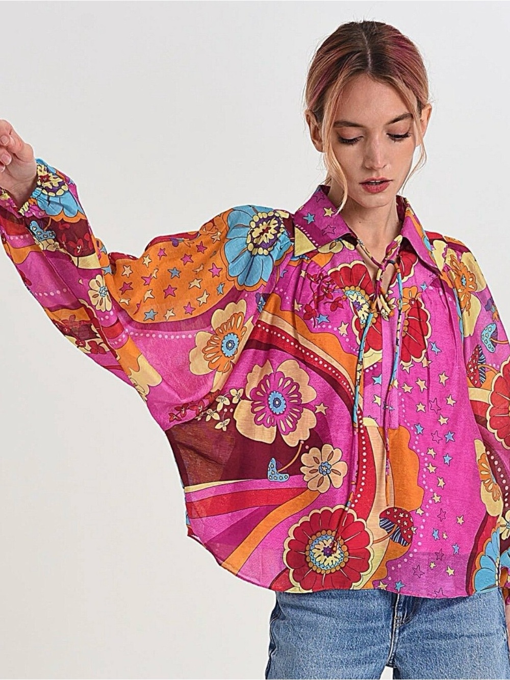 Ciebon Printed Floral Psychedelic Blouse with Balloon Sleeves Womens Sz S